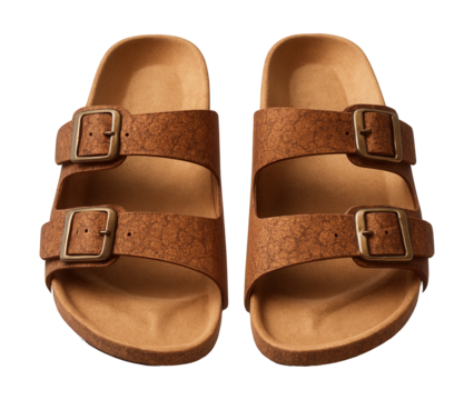 Brown cork sandals featuring adjustable buckle straps and a contoured footbed.