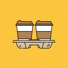 Two to go coffee cups held together in a cardboard tray on a yellow background