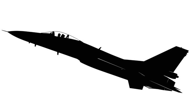Black silhouette of a military fighter jet aircraft soaring upwards against a plain white background.