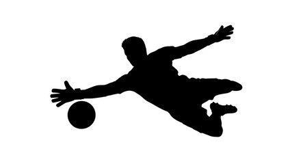 Silhouette of a soccer goalkeeper diving to catch a ball, isolated on white.