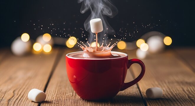 Delicious hot chocolate with melting marshmallow for cozy winter nights by the fire, perfect for holiday ads and festive promotions