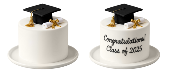 Minimalistic white blank round graduation cake mockup with black cap and diploma with sample handmade decoration calligraphy writing "Congratulations! Class of 2025". Copy space