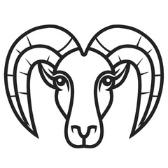 Stylized ram head outline logo with large, curved horns on white background isolated on white background, Vector, illustration