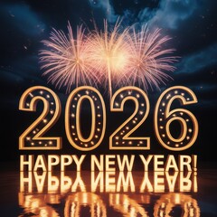 Happy New Year 2026 with fireworks and reflection on dark background celebration