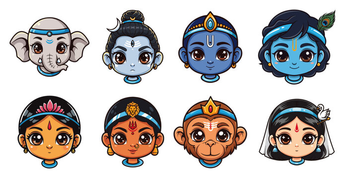 Cute chibi heads of Hindu gods and goddesses vector icon set