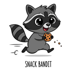 Cute Raccoon Snack Bandit Cartoon Vector Illustration. Funny Animal Character Running with a Stolen Cookie.