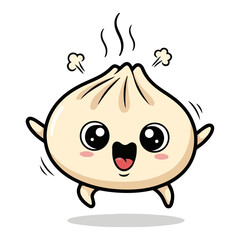 Cute Steamed Dumpling Cartoon Character. Kawaii Asian Food Mascot Vector Illustration.