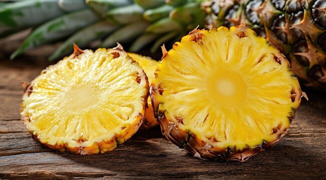 Fresh pineapple slices on a wooden surface (1)