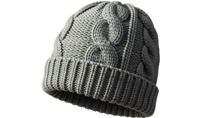 Grey knitted beanie hat with cable knit pattern, isolated on transparent background
