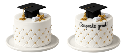 White and gold quilted fondant graduation party cake mockup cutouts with black mortarboard and diploma with golden bow and beads. Sample calligraphic decoration "Congrats grad!". Copy space