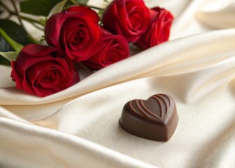 Romantic Gift with Red Roses and Heart-Shaped Chocolate on Soft Satin Fabric Background