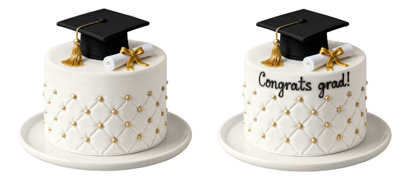 White and gold quilted fondant graduation party cake mockup cutouts with black mortarboard and diploma with golden bow and beads. Sample calligraphic decoration "Congrats grad!". Copy space