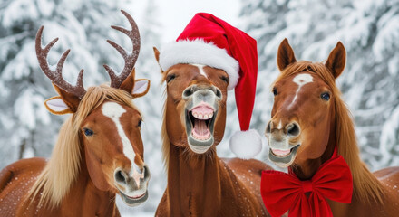 Group meme portrait of joyful red fiery horses enjoying winter holidays in festive attire. 2026 Chinese zodiac New Year symbol, Christmas Eve. Landscape oriented