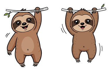 Naklejka premium Two cute sloths hanging from branches with leaves – friendly jungle animal cartoon vector illustration
