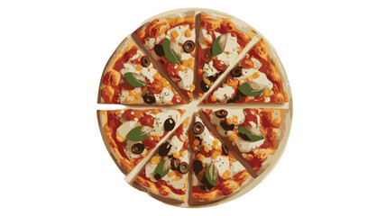 Sliced Margherita Pizza with Mozzarella, Tomatoes, Olives, and Basil on White Background italian