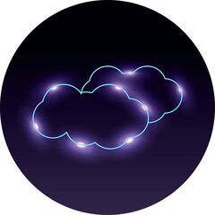 Abstract glowing blue cloud outlines with sparkling lights on a dark circular background with purple and blue gradient and soft glow effect creating a mystical and ethereal atmosphere