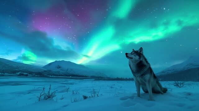 A vivid portrayal of a wolf in a snowy landscape under a starry sky. The wolf is captured in a side profile, with its head tilted upwards, eyes closed, and mouth slightly open.