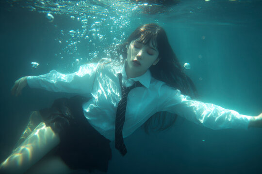 Young woman floating peacefully underwater, clad in school uniform.