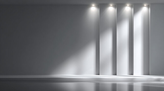 An empty room with spotlights illuminating vertical rectangular architectural elements