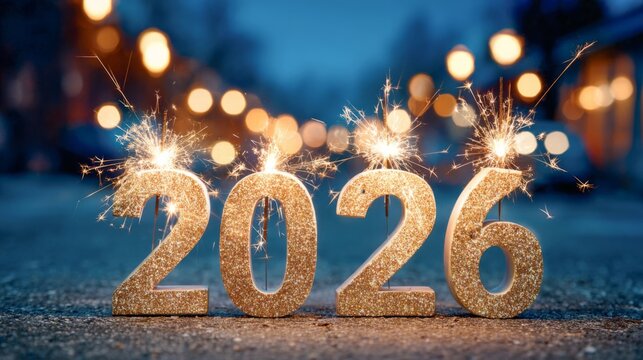happy new year, new year's eve, celebration holiday winter party event celebration greeting card - year 2026 and sparklers on table