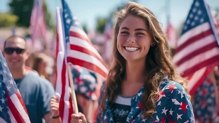 A young woman holding an American flag at a patriotic event, with a crowd of people in the background. The woman is wearing a blue jacket with red and white stars and stripes.