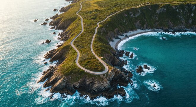 Aerial view captures winding coastal roadway traversing dramatic green headland beside turquoise ocean waters