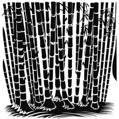Stylized black and white silhouette of a dense bamboo forest with grass at the base. isolated on white background, Vector, illustration