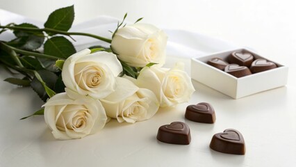 Romantic Setting with White Roses and Heart-Shaped Chocolates for Special Occasion