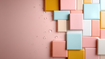 This artistic image showcases a collection of pastel tiles arranged aesthetically against a soft pink background, presenting a calming and harmonious visual appeal.