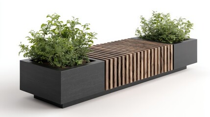 Modern park seating design featuring a long black bench with a slatted wooden seat and integrated planters holding green plants, creating a comfortable urban rest area
