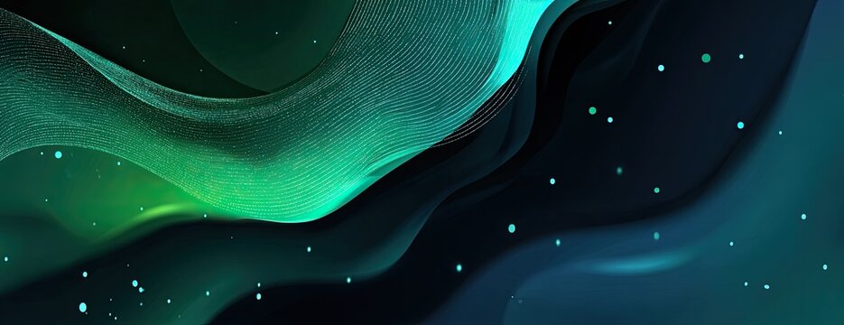 Abstract gradient background with flowing shapes and scattered particles. Dark teal and green