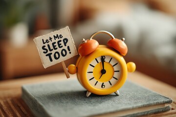 A small yellow retro alarm clock sits on a textured book stack, holding a tiny protest sign asking for more sleep.  Importance of sleep. Struggle of waking up. 