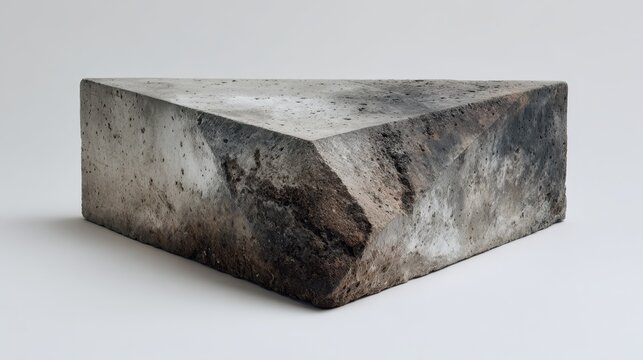 Concrete triangular prism sculpture showcasing raw, textured surface imperfections, embodying minimalist, industrial, and brutalist design principles on a white background