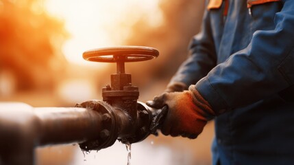 Worker in protective gear operates a water valve in a sunlit outdoor setting, showcasing teamwork and industry
