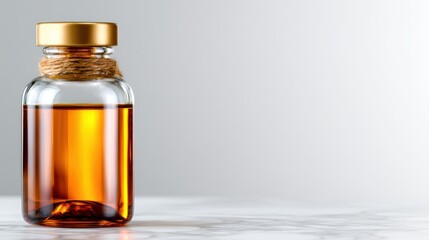 A stylish glass bottle filled with a rich amber liquid, showcasing simplicity and elegance while highlighting the beauty of everyday objects in a soft lighting setup.