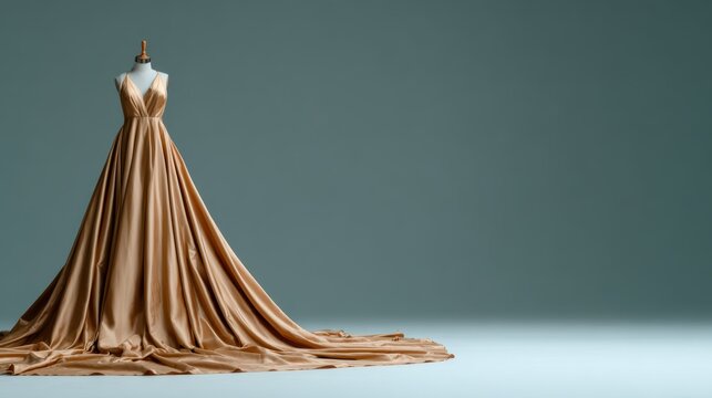 An exquisite golden dress elegantly draped on a mannequin, showcasing high fashion design and artistry that embodies sophistication and style in the textile world.