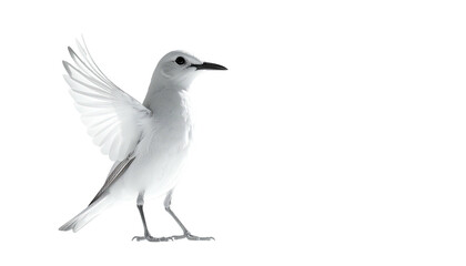 Fototapeta premium Gleaming white bird raising wing against stark black background