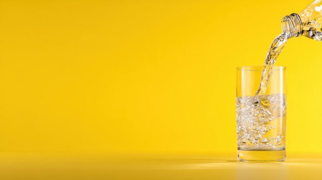 Water from a bottle cascades beautifully into a clear glass, set against a bright yellow background to convey freshness and hydration, capturing attention instantly.