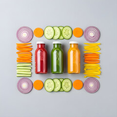 Vibrant fresh juices and colorful vegetable slices arranged artfully on a clean gray background