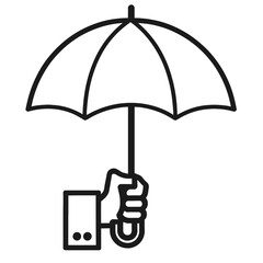 Hand holding an open umbrella icon with simple flat design on white background isolated on white background, Vector, illustration