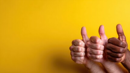 A vibrant close-up of three hands enthusiastically giving thumbs up against a cheerful yellow background, representing positivity, approval, and shared success among individuals.