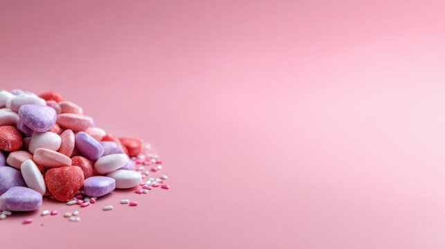 A vibrant pile of heart-shaped candies in various shades reflecting love and affection, perfect for celebrations such as Valentine's Day or sweet-themed occasions.