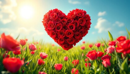 Obraz premium A heart of red roses floats above a field of red tulips under a sunny sky.
