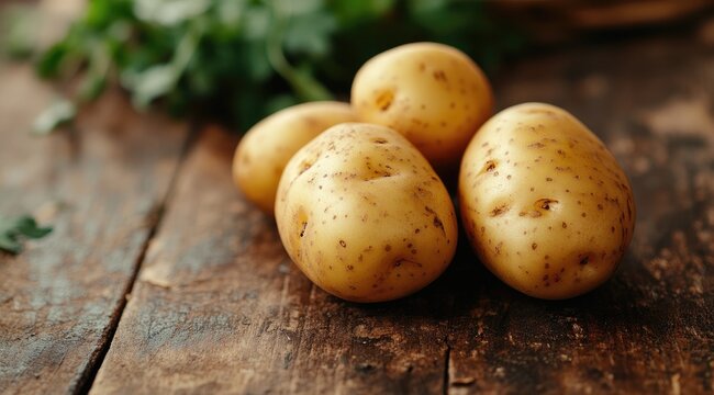 Fresh potatoes on rustic wood