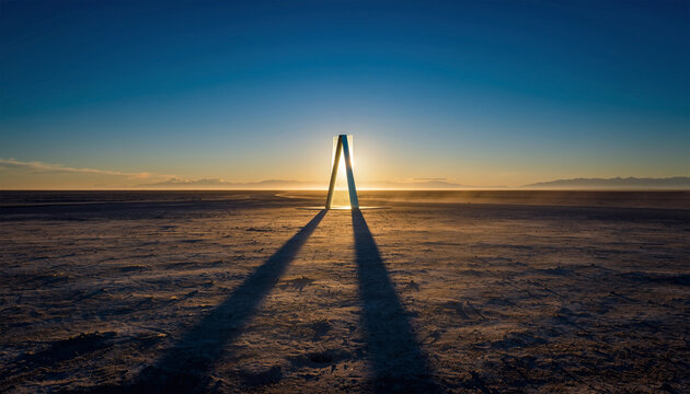 Reflective Monolith on Desert Salt Flat at Sunset