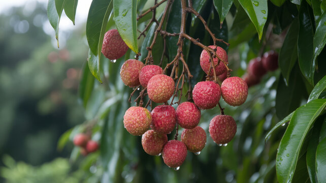 Fresh lychees cluster on branches glistening with water droplets after a rain.