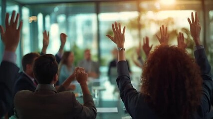 A closeup shot of a group of people raising their hands in a room with large windows. The style is candid, capturing a moment of celebration or acknowledgment.