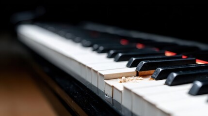 A close-up view of piano keys highlighting dust and imperfections, showcasing the emotion and history captured in every note, representing art through music.