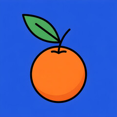 Vibrant orange fruit with green leaf on a solid blue background simple illustration
