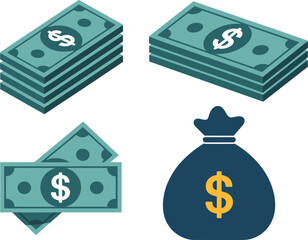 Set of Flat Design Money Illustrations, Isometric Dollar Bill Stacks and Money Bag, Finance Banking Savings Wealth Teal Vector Graphic